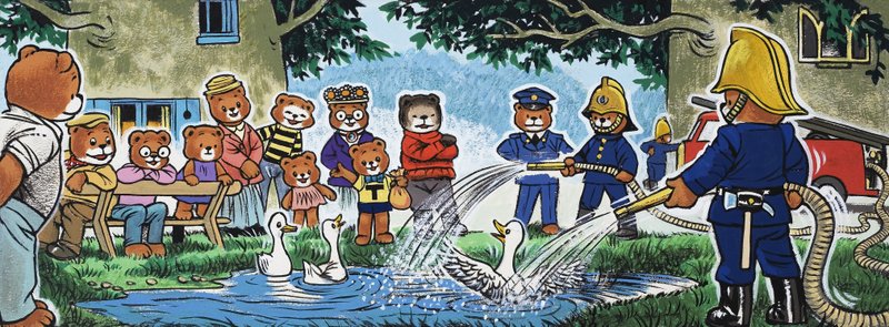 Pompiers arrosant des canards - English School