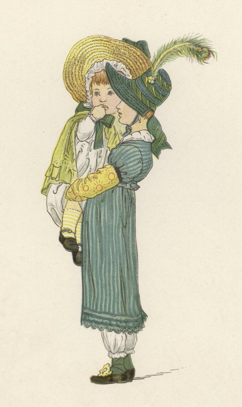 Fille portant sa sœur (lithographie en couleur) - English School
