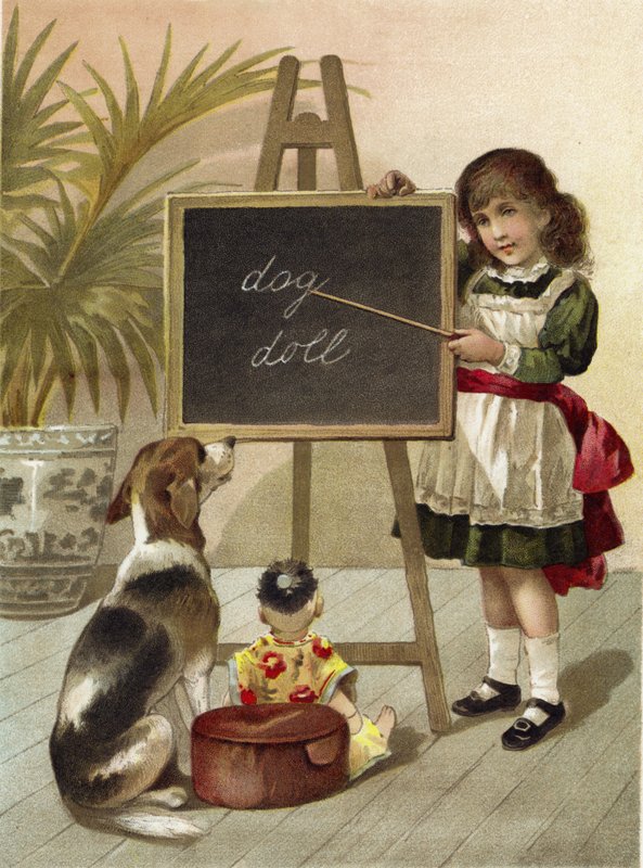Fille, éduquant chien et poupée - English School