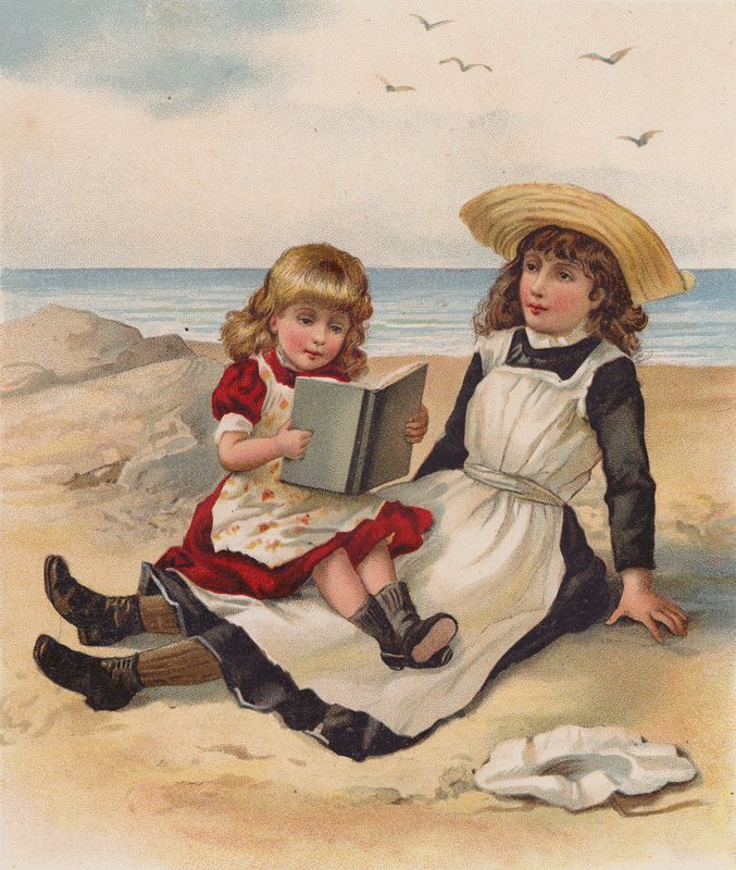 Filles lisant sur une plage - English School