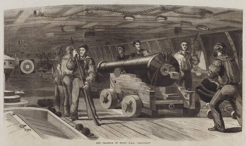 Exercice de tir à bord du HMS "Brilliant" (gravure) - English School
