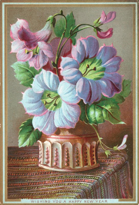 Lys dans un vase, carte de vœux du Nouvel An (chromolithographie) - English School