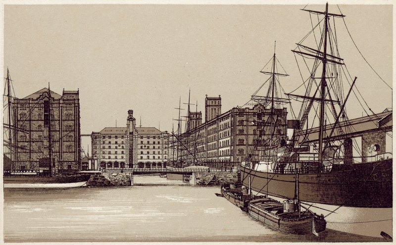 Liverpool : Dock de Waterloo et entrepôts de grains - English School