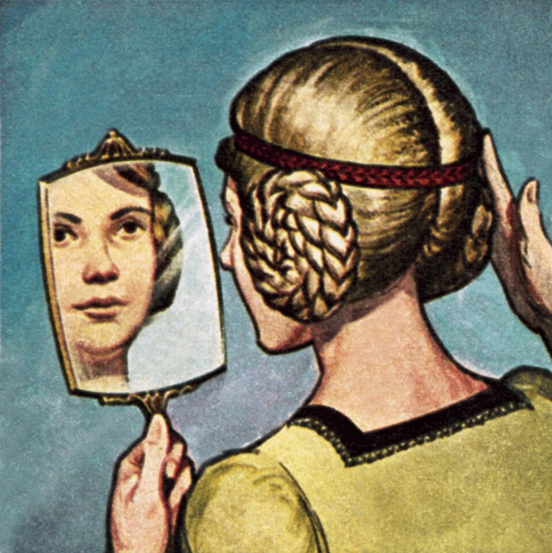 Jeune fille médiévale regardant dans un miroir - English School