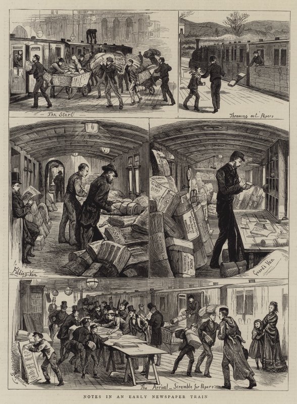 Notes dans un train de journaux matinal (gravure) - English School