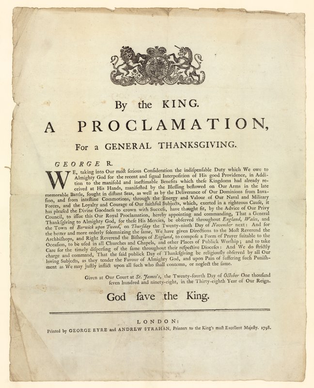 Proclamation pour une Action de Grâce Générale, 1798 - English School