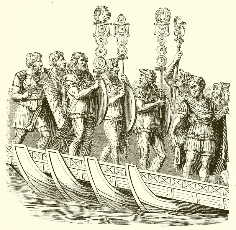 Soldats romains traversant un pont de bateaux - English School