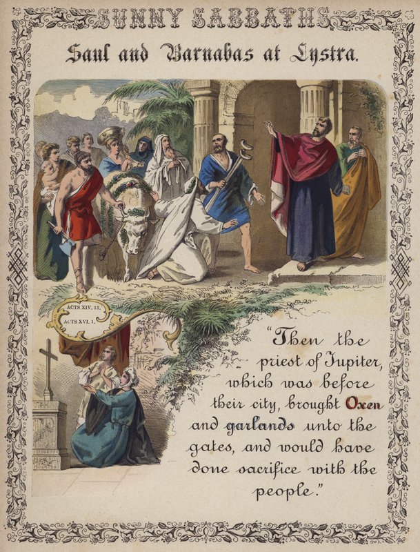 Saul et Barnabas à Lystre (gravure en couleur) - English School
