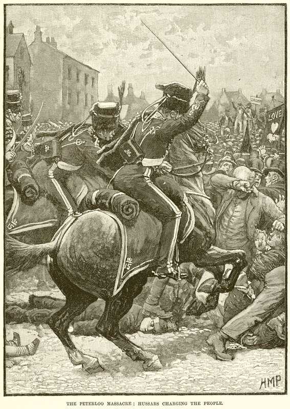Le massacre de Peterloo : Hussards chargeant le peuple - English School