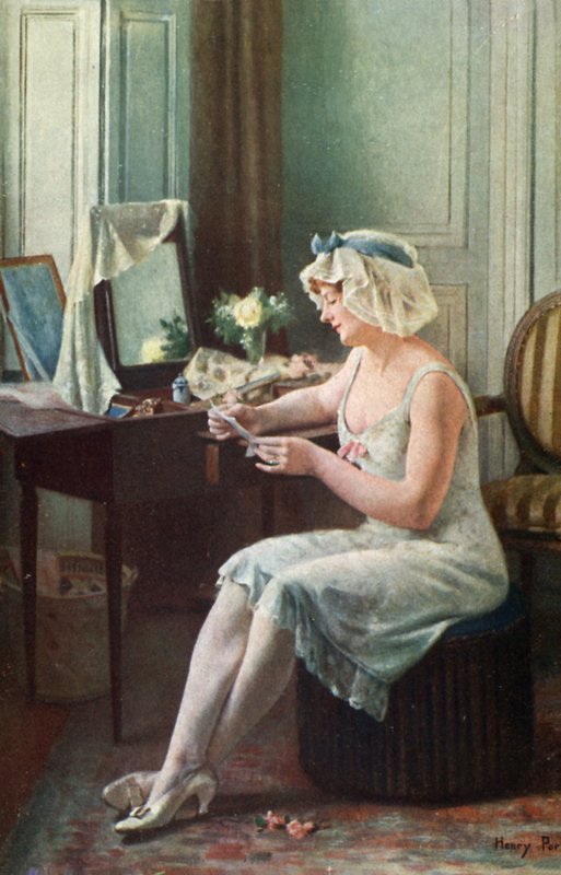 Femme lisant une lettre (lithographie en couleur) - English School