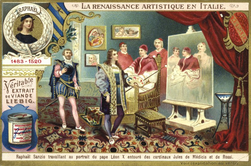 Raphaël travaillant sur son portrait du Pape Léon X avec les cardinaux Giulio de Medici et Luigi de Rossi - European School