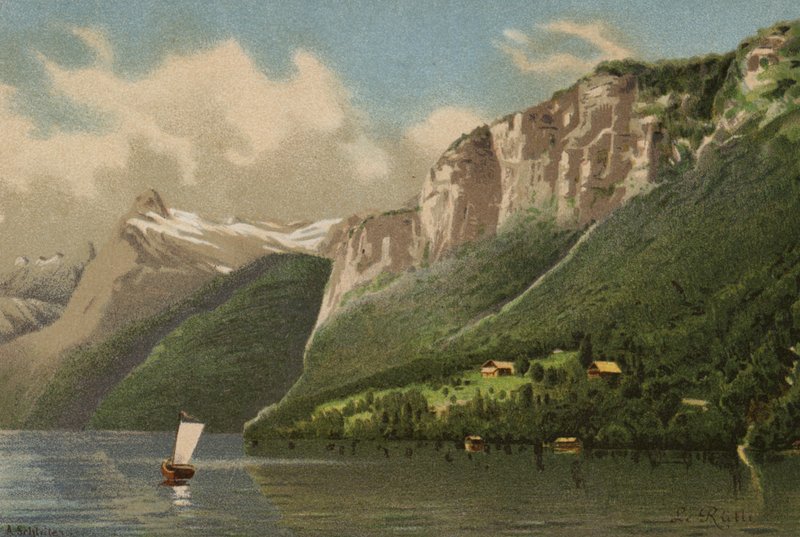 Lac des Quatre-Cantons : Le Rutli (lithographie en couleur) - European School