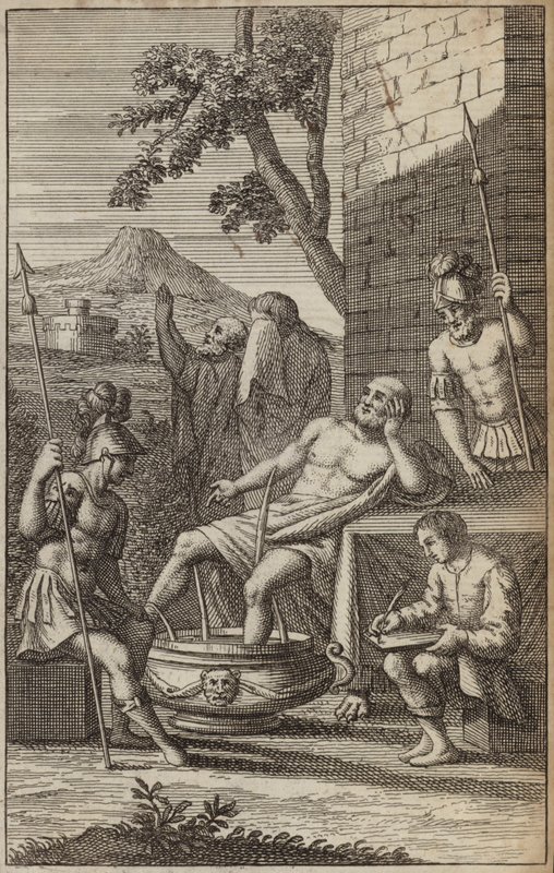 Homme se baignant et pensant, peut-être Archimède ? (gravure) - European School