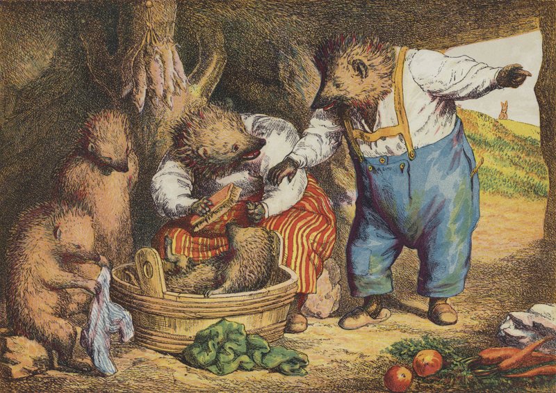 Le lièvre et le hérisson (lithographie en couleur) - European School