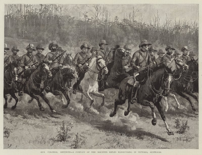 Nos défenses coloniales, une compagnie des fusiliers montés manœuvrant à Victoria, Australie - Frank Dadd