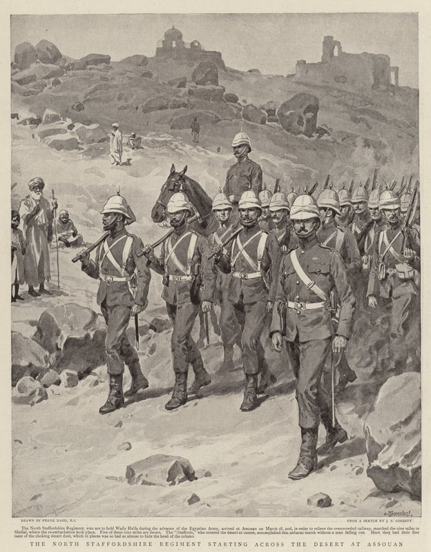 Le Régiment de North Staffordshire traversant le désert à Assouan - Frank Dadd