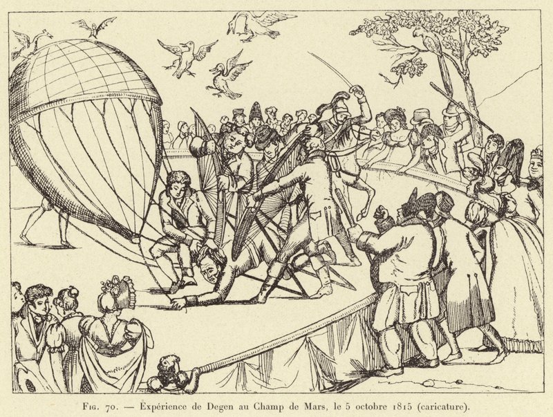 Expérience de Degen au Champ de Mars, le 5 octobre 1815 (caricature) - French School