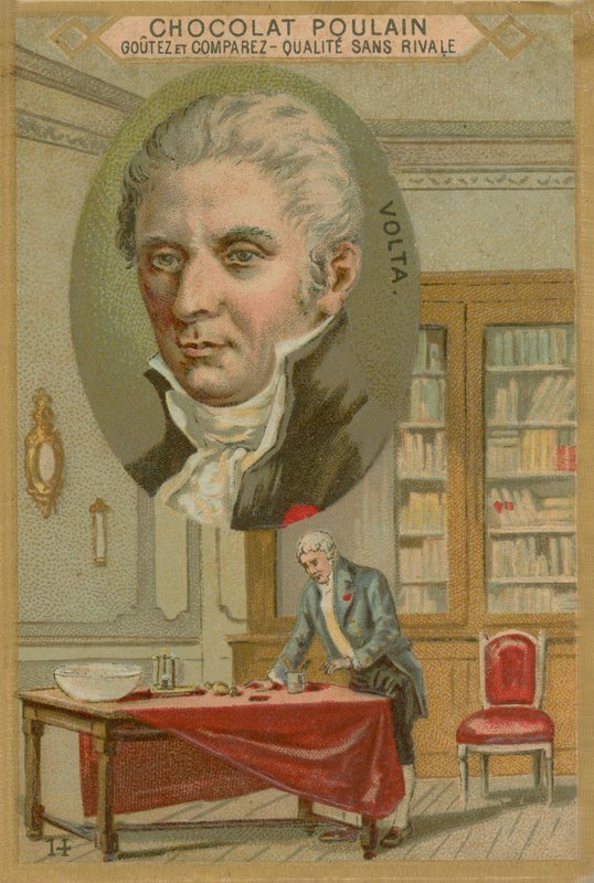 Alessandro Volta, carte de commerce Chocolat Poulain - French School