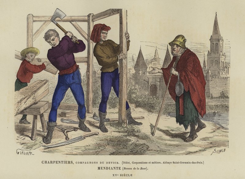 Charpentiers et un mendiant, 15ème siècle - French School