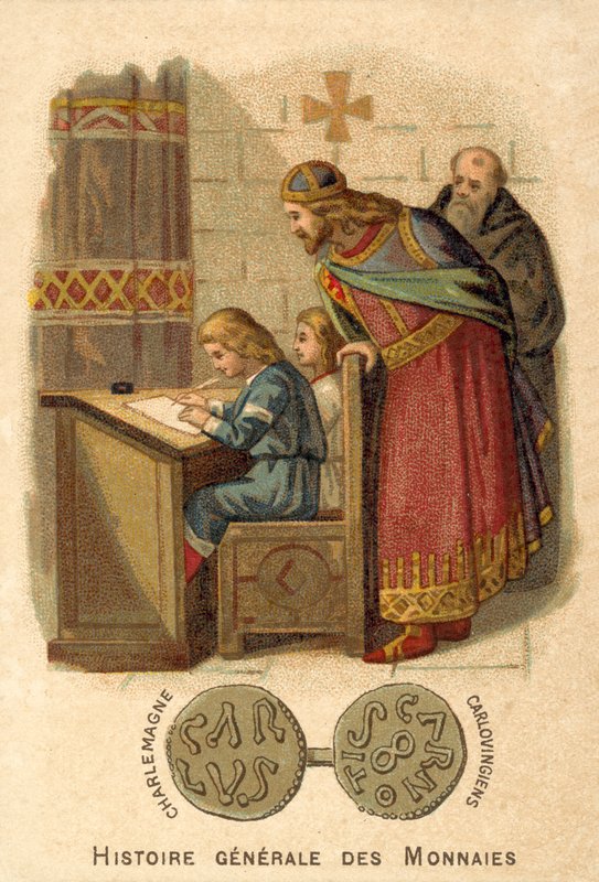 Charlemagne regardant des enfants écrire à l