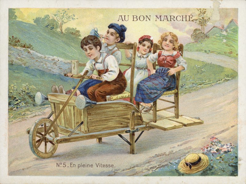 Enfants jouant sur une brouette transformée - French School