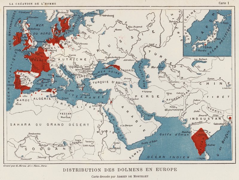 Distribution des dolmens en Europe (lithographie en couleur) - French School