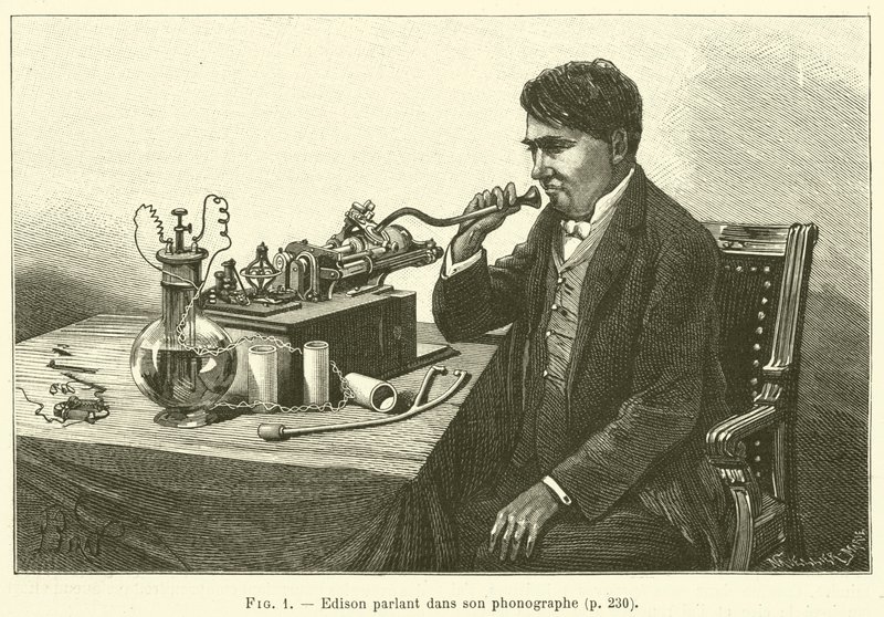 Edison parlant dans son phonographe - French School