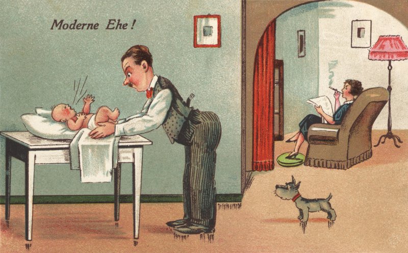 Père changeant un bébé - French School