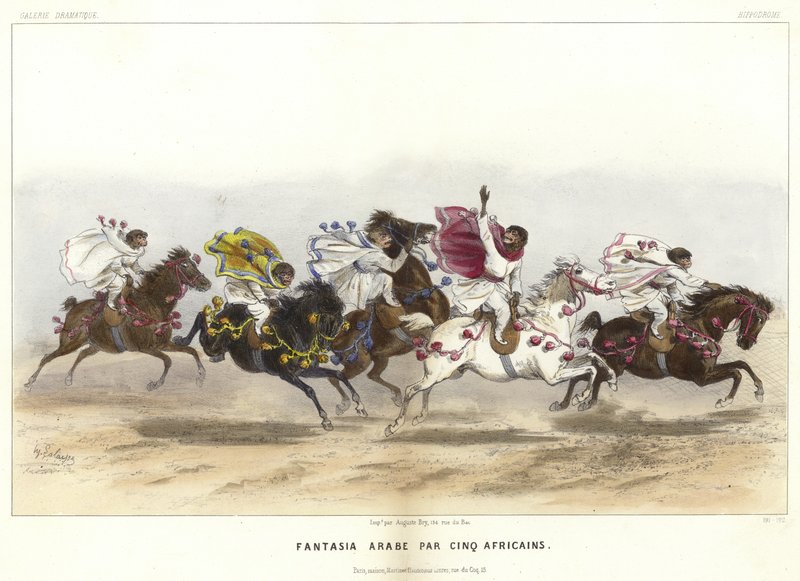 Cinq singes costumés à cheval - French School