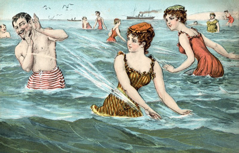 Des filles éclaboussant un homme dans la mer - French School