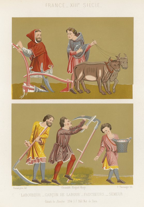 Laboureur, un garçon labourant, fauchant et semant - French School