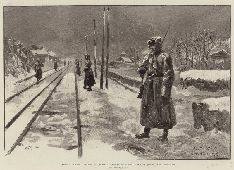Funérailles du tsar Alexandre III, garde militaire de la ligne de chemin de fer de Moscou à Saint-Pétersbourg - G.S. Amato