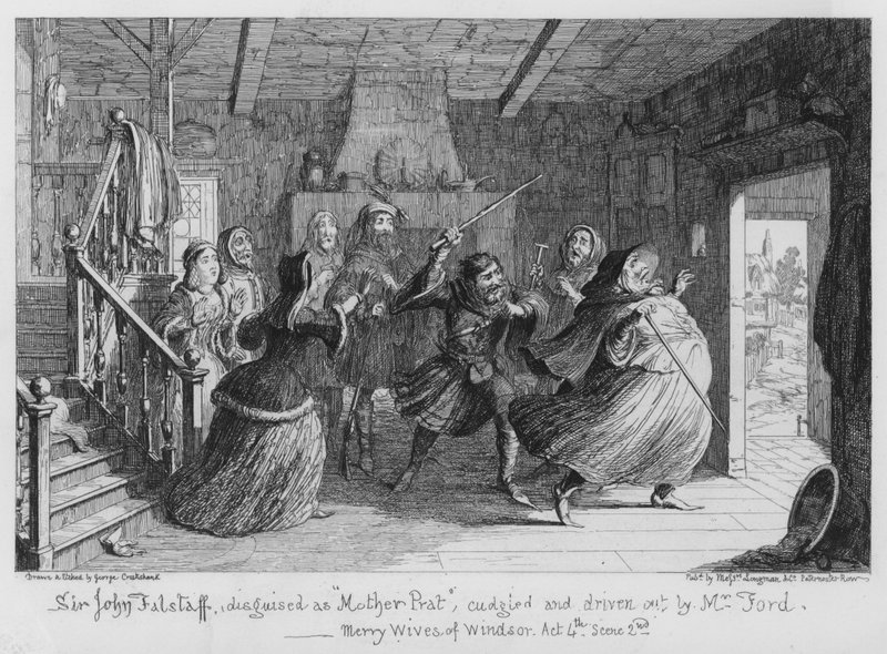 Sir John Falstaff, déguisé en Mère Prat, battu et chassé par M. Ford - George Cruikshank