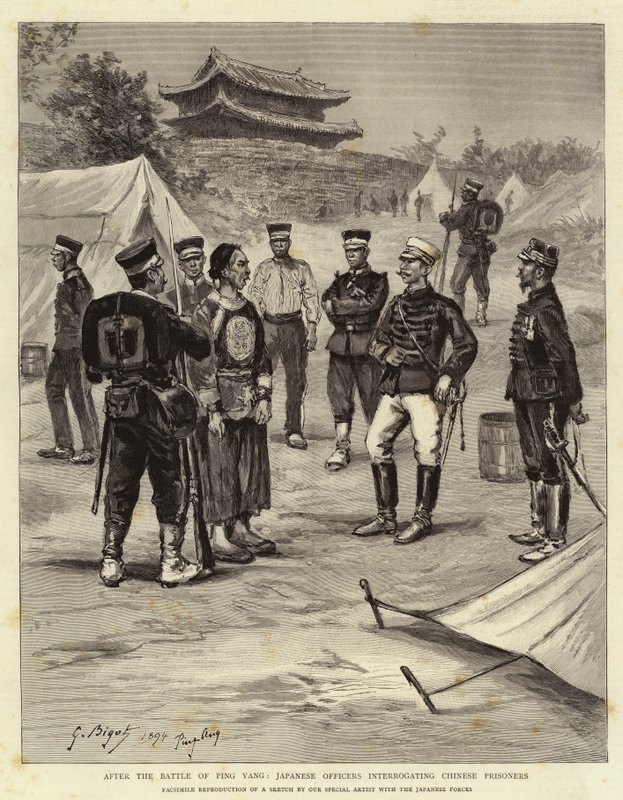 Après la bataille de Ping Yang, officiers japonais interrogeant des prisonniers chinois - Georges Ferdinand Bigot