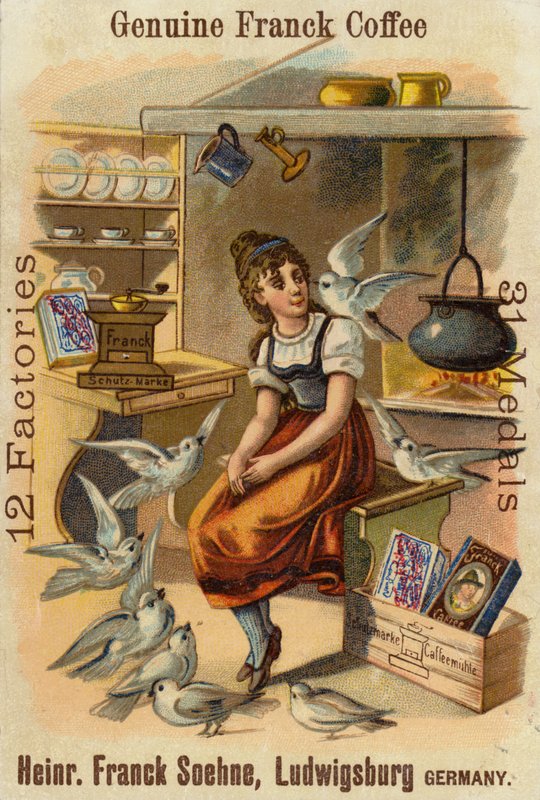 Fille avec des colombes, publicité pour le café Genuine Franck - German School
