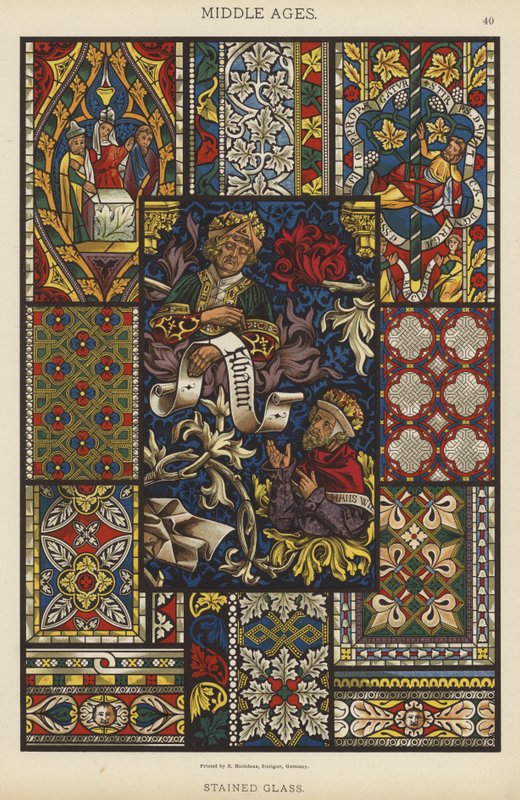 Moyen Âge, Vitrail (lithographie en couleur) - German School