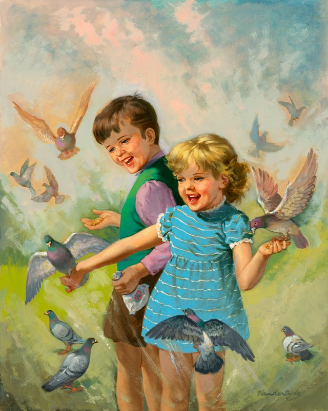 Garçon et fille avec pigeons - Gerritt Vandersyde