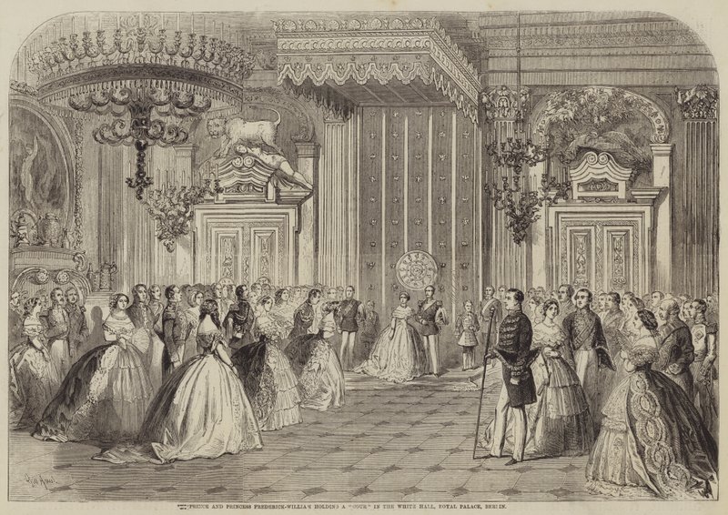 Le prince et la princesse Frederick-William tenant une cour dans la salle blanche, palais royal, Berlin - Gustave Janet