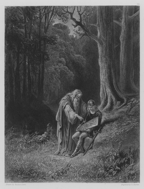 Merlin peint le bouclier du jeune chevalier - Gustave after Dore