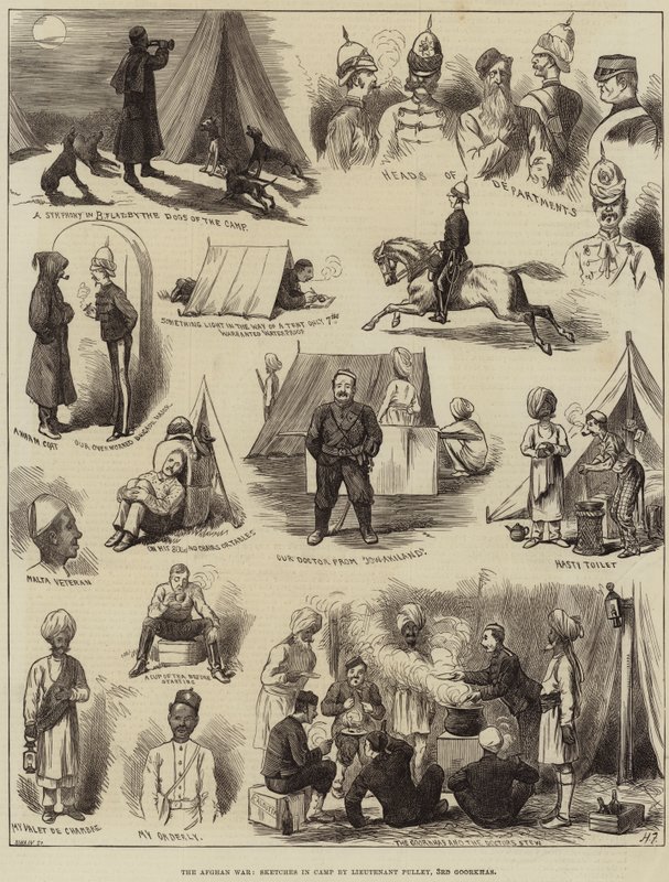 La guerre afghane, croquis en camp par le lieutenant Pulley, 3e Goorkhas - Harry Furniss