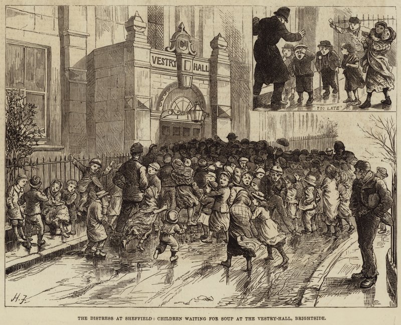 La Détresse à Sheffield, Enfants attendant la soupe à la Vestry-Hall, Brightside - Harry Furniss
