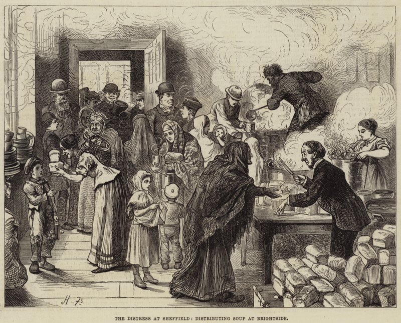 La détresse à Sheffield, distribution de soupe à Brightside - Harry Furniss