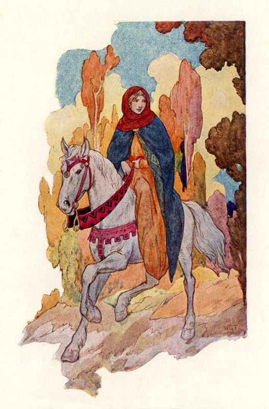Princesse Guenièvre à cheval (lithographie couleur) - Harry George Theaker