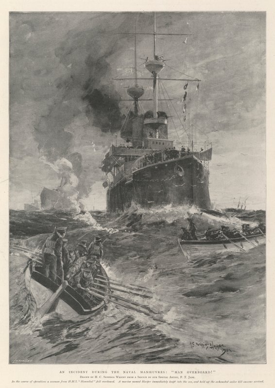 Un incident lors des manœuvres navales, Homme à la mer! - Henry Charles Seppings Wright