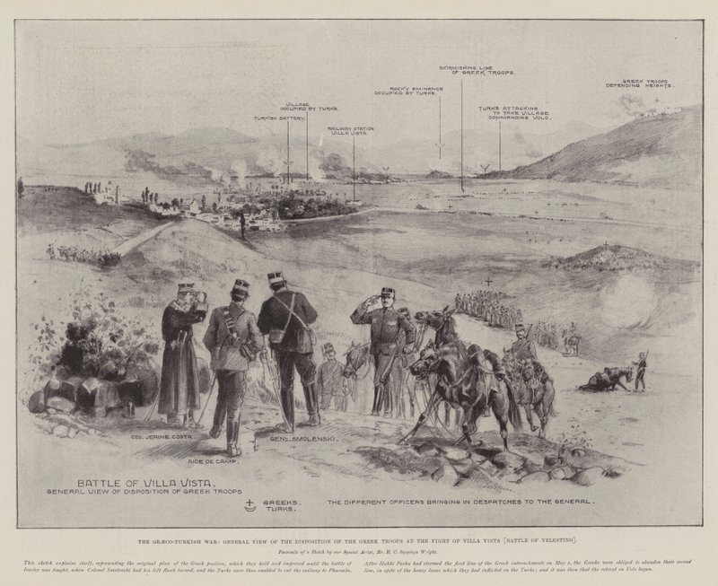 La guerre gréco-turque, vue générale de la disposition des troupes grecques à la bataille de Villa Vista (bataille de Velestino) - Henry Charles Seppings Wright