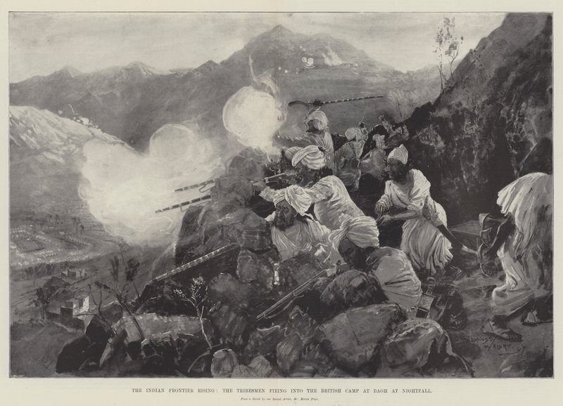 Soulèvement à la frontière indienne, les tribus attaquant le camp britannique à Bagh au crépuscule - Henry Charles Seppings Wright
