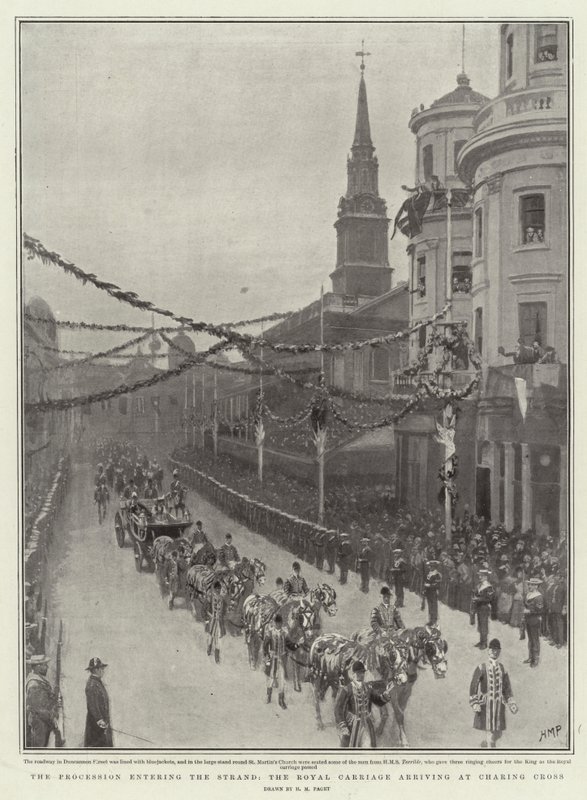 La procession entrant dans le Strand, le carrosse royal arrivant à Charing Cross - Henry Marriott Paget