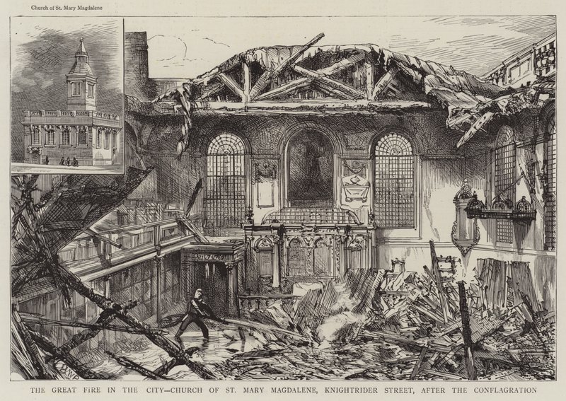 Le grand incendie dans la ville, église de Sainte Marie-Madeleine, Knightrider Street, après la conflagration - Henry William Brewer