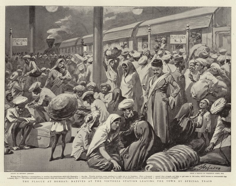 La peste à Bombay, indigènes à la gare Victoria quittant la ville par train spécial - Herbert Johnson