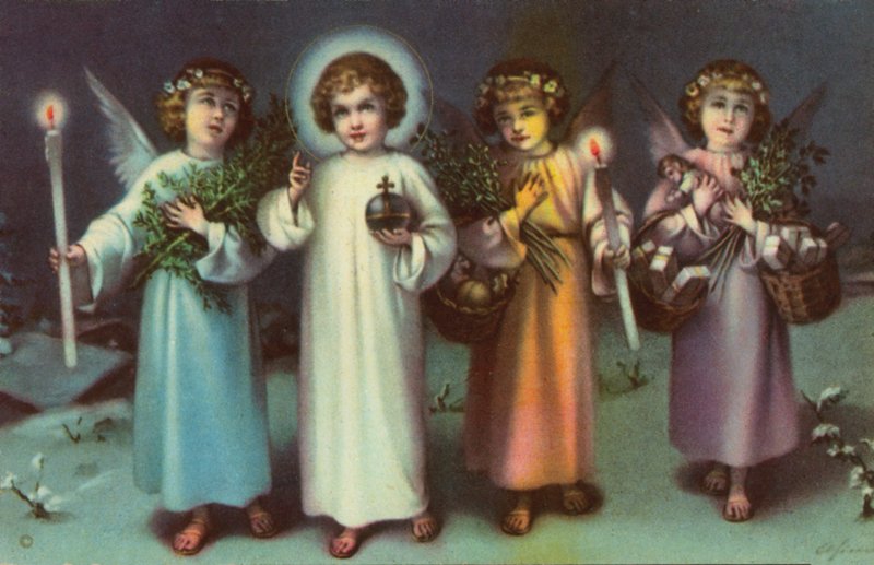 Saint et anges (lithographie couleur) - Italian School